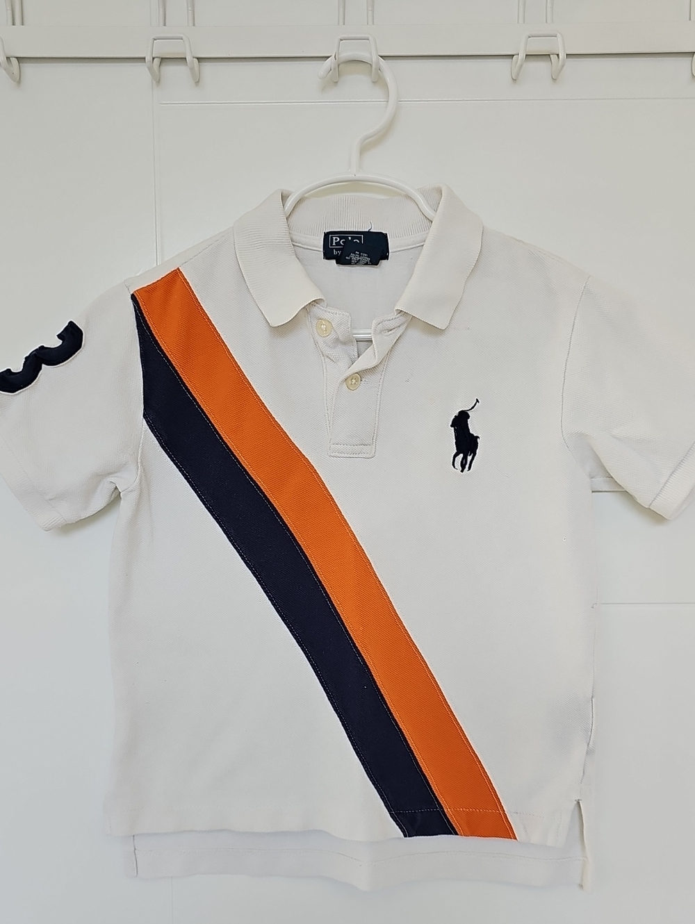 Polo by Ralph Lauren White Polo w/ Navy Blue & Orange Diagonal Stripes Boys Sz 5